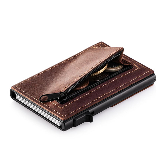 Mini geldbörse aus Naturleder mit automatischem Alu-Etui - Nuss